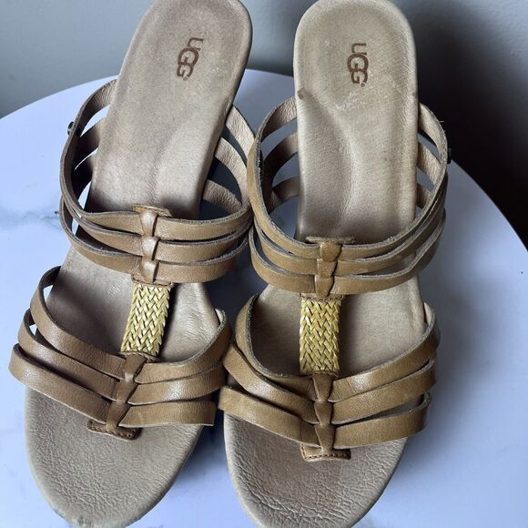 UGG Mattie Brown Leather Wedge Heel Wood Platform Slip On Sandals Size 8.5 - Picture 2 of 7